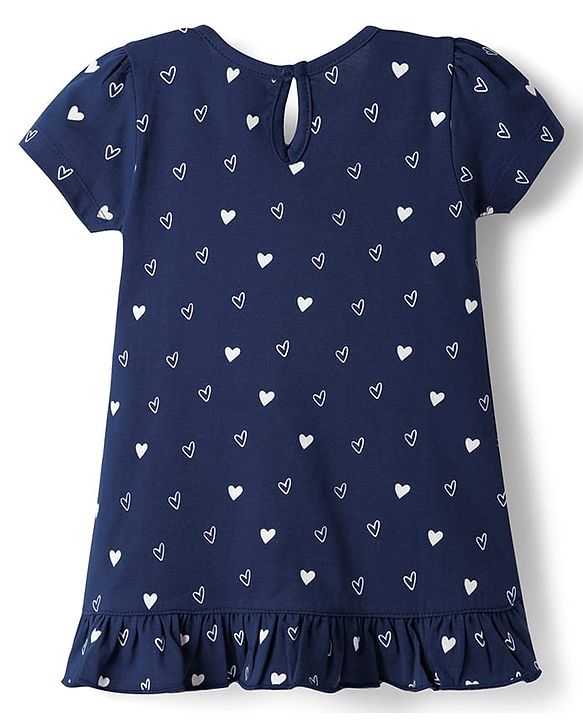 Babyhug Cotton Knit Half Sleeves Hearts Printed Nighty - Navy Blue