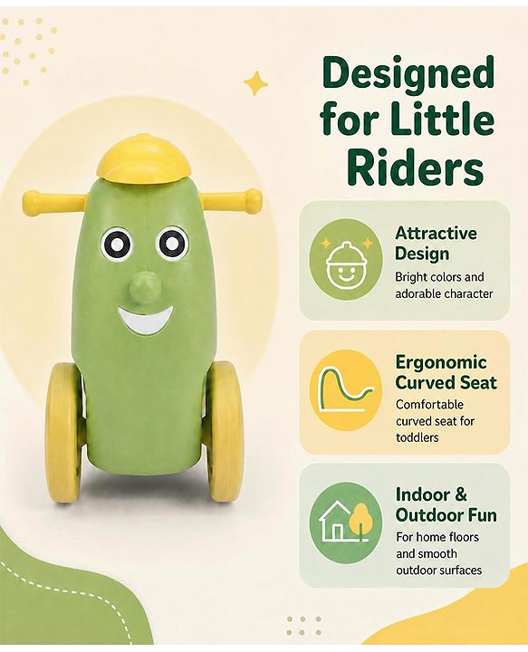 Babyhug Humpty Dumpty Manul Push Ride-On - Yellow & Green| Toy for 1 to 3 Year Kids| Foot-to-Floor Operation| Indoor & Outdoor Play| BIS Certified| Activity Gifting Option