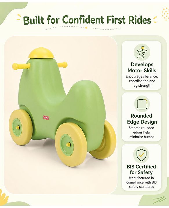 Babyhug Humpty Dumpty Manul Push Ride-On - Yellow & Green| Toy for 1 to 3 Year Kids| Foot-to-Floor Operation| Indoor & Outdoor Play| BIS Certified| Activity Gifting Option