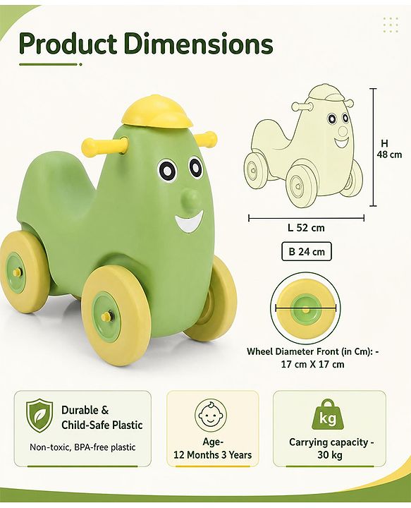 Babyhug Humpty Dumpty Manul Push Ride-On - Yellow & Green| Toy for 1 to 3 Year Kids| Foot-to-Floor Operation| Indoor & Outdoor Play| BIS Certified| Activity Gifting Option