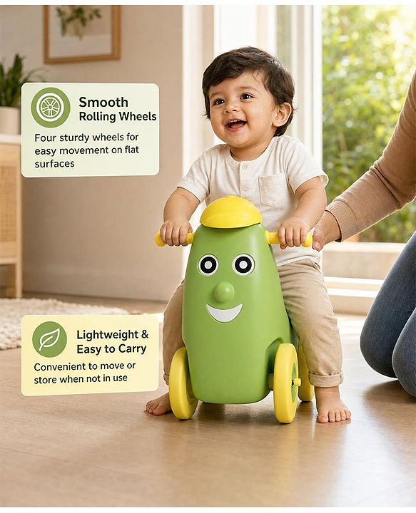 Babyhug Humpty Dumpty Manul Push Ride-On - Yellow & Green| Toy for 1 to 3 Year Kids| Foot-to-Floor Operation| Indoor & Outdoor Play| BIS Certified| Activity Gifting Option