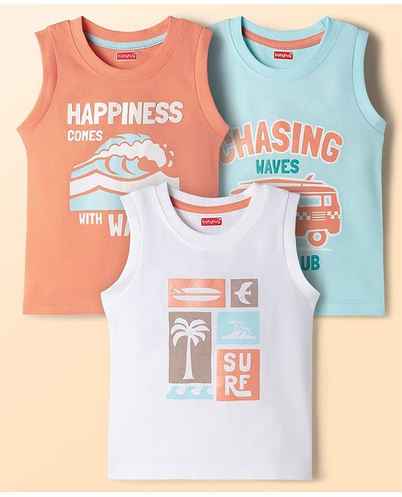 Babyhug Cotton Knit T-Shirts Sleeveless with Graphic Print Pack of 3 Multi Color 6-9 Months