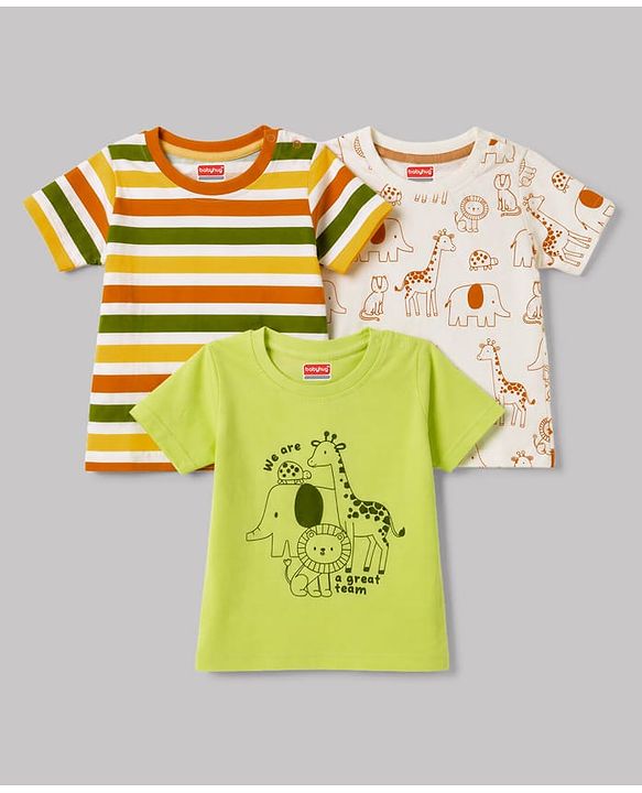 Babyhug 100% Cotton Knit T-Shirts with Graphics Multi Color 6-9 Months Pack of 3