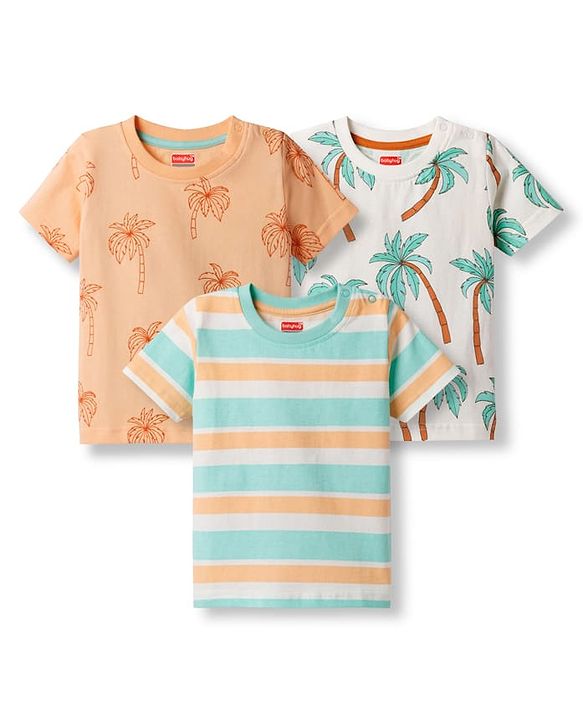 Babyhug Cotton Knit Half Sleeves Striped T-Shirts with Coconut Tree Print Pack of 3 - Multicolor