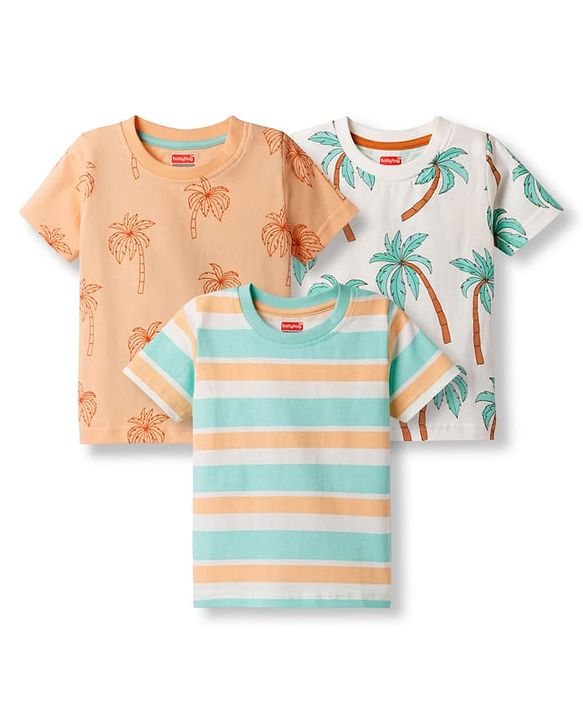 Babyhug Cotton Knit Half Sleeves Striped T-Shirts with Coconut Tree Print Pack of 3 - Multicolor
