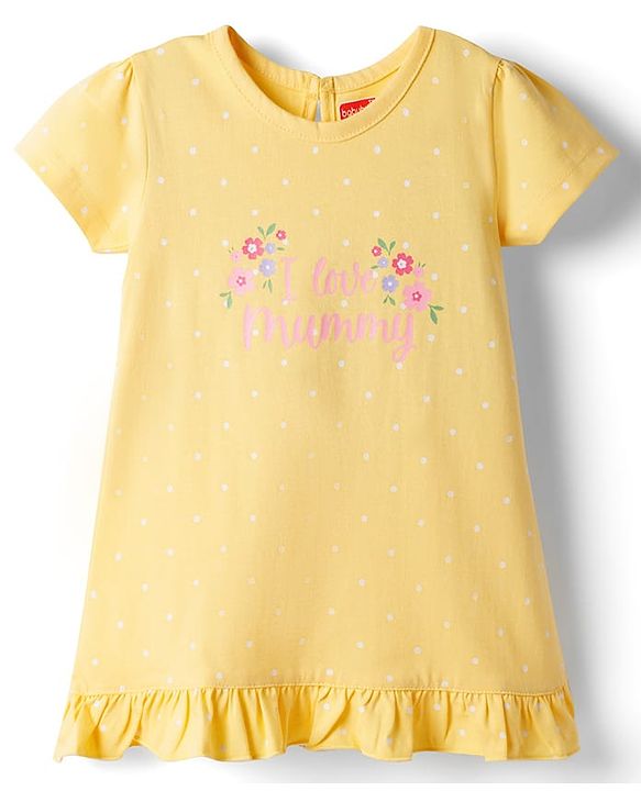 Babyhug Cotton Knit Polka Dots & Floral Printed Nighty - Yellow
