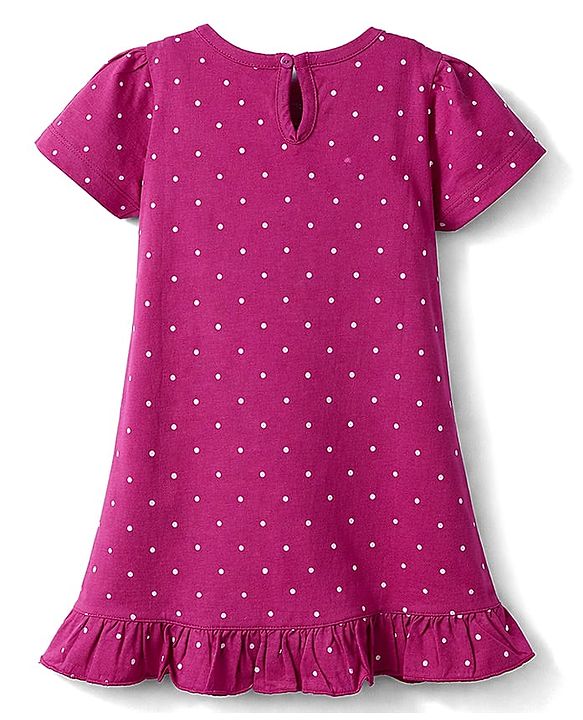 Babyhug Cotton Knit Half Sleeves Nighty With Polka Dots Print & Text Print - Purple
