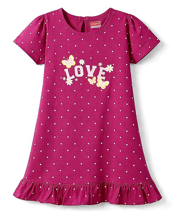 Babyhug Cotton Knit Half Sleeves Nighty With Polka Dots Print & Text Print - Purple