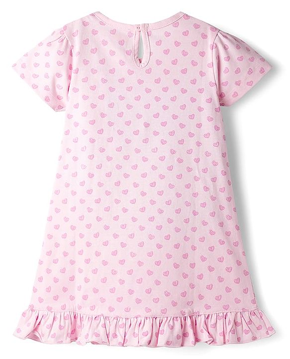 Babyhug Cotton Knit Half Sleeves Nighty With Heart Print - Pink