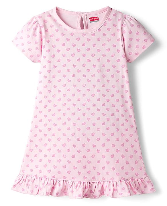 Babyhug Cotton Knit Half Sleeves Nighty With Heart Print - Pink