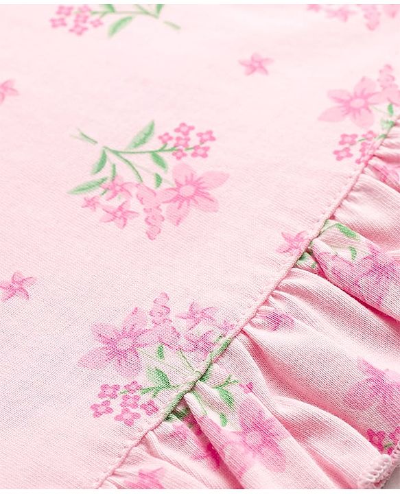 Babyhug Cotton Knit Half Sleeves Nighty With Floral Print - Pink