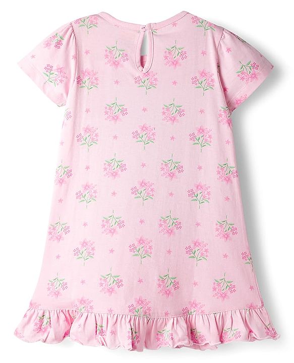 Babyhug Cotton Knit Half Sleeves Nighty With Floral Print - Pink