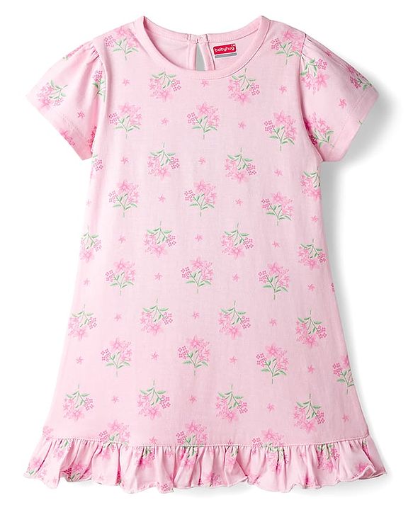 Babyhug Cotton Knit Half Sleeves Nighty With Floral Print - Pink