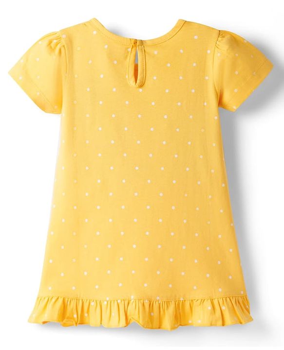 Babyhug Cotton Knit Half Sleeves Polka Dots & Text Printed Nighty - Yellow