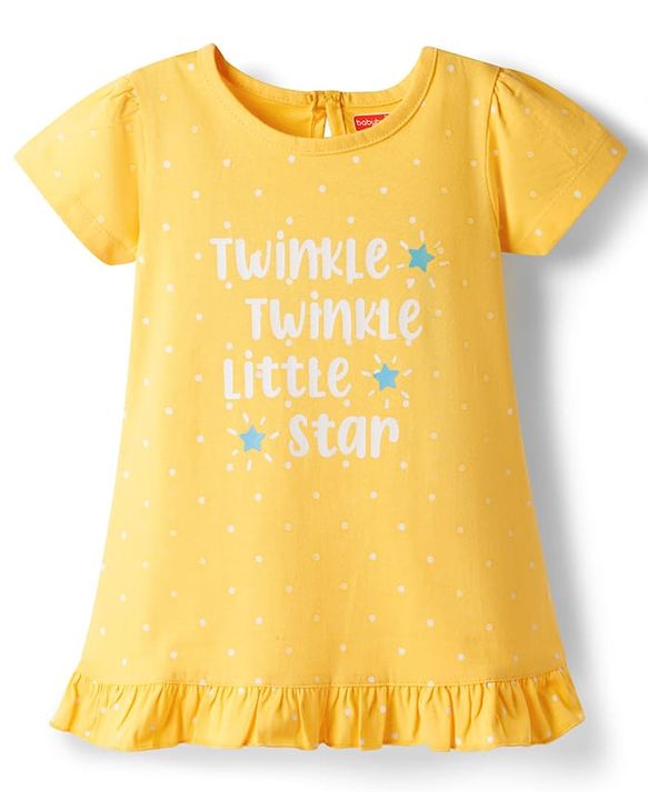 Babyhug Cotton Knit Half Sleeves Polka Dots & Text Printed Nighty - Yellow
