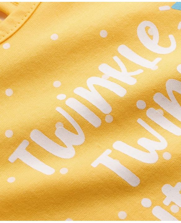 Babyhug Cotton Knit Half Sleeves Polka Dots & Text Printed Nighty - Yellow