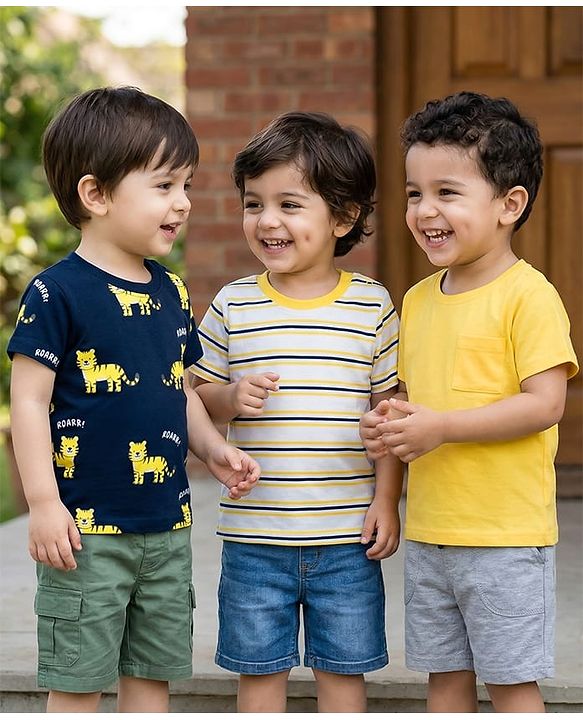 Babyhug Cotton Knit T-Shirts with Graphics Pack of 3 Multi Color 6-9 Months