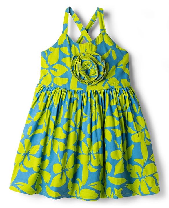Babyhug Cotton Woven Sleeveless Fit & Flared Frock Floral Print with Applique   - Green