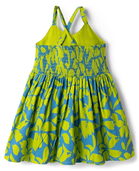 Babyhug Cotton Woven Sleeveless Fit & Flared Frock Floral Print with Applique   - Green