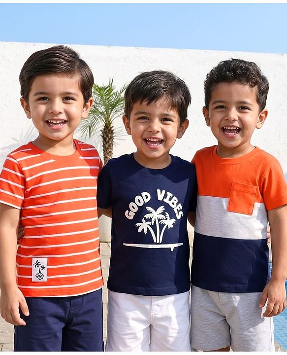Babyhug Cotton Knit Half Sleeves T-Shirts with Stripes & Good Vibes Graphics Pack of 3 - Multicolor