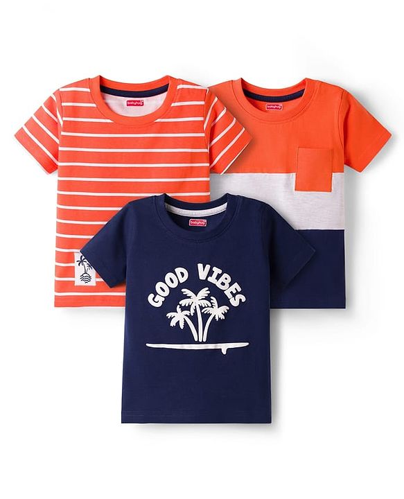 Babyhug Cotton Knit Half Sleeves T-Shirts with Stripes & Good Vibes Graphics Pack of 3 - Multicolor