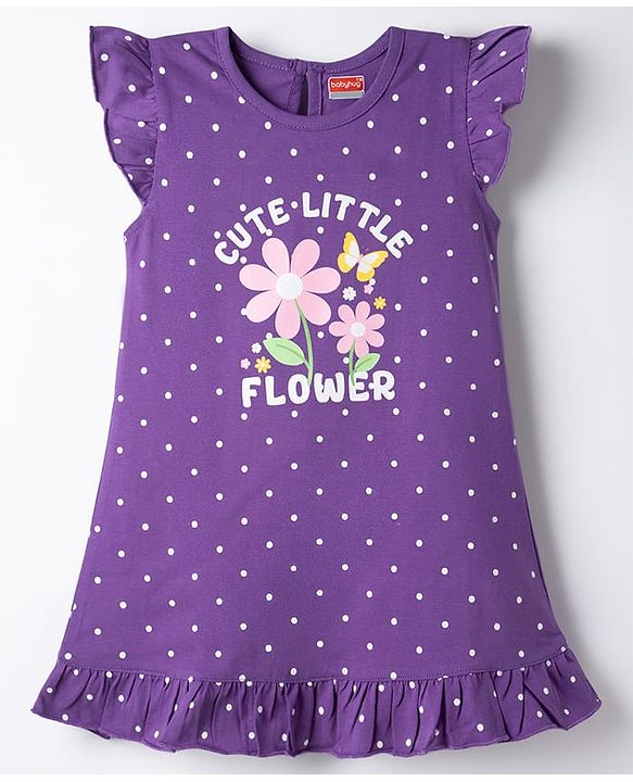 Babyhug Cotton Knit Half Sleeves Floral & Polka Dots Printed Nighty - Violet