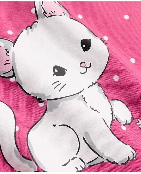 Babyhug Cotton Knit Half Sleeves Nighty With Kitty Print - Pink