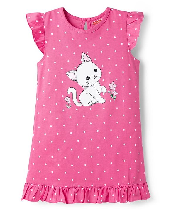 Babyhug Cotton Knit Half Sleeves Nighty With Kitty Print - Pink