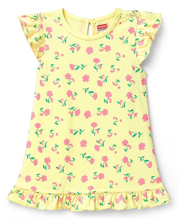Babyhug Cotton Knit Half Sleeves Floral Printed Nighty - Yellow