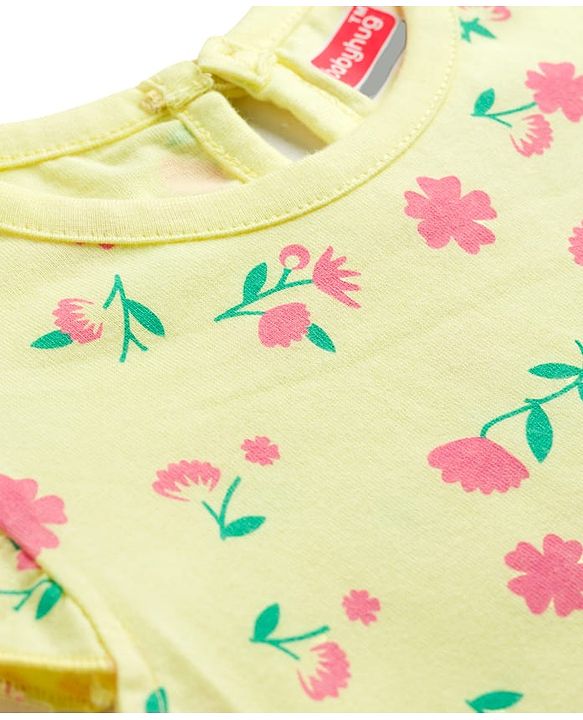 Babyhug Cotton Knit Half Sleeves Floral Printed Nighty - Yellow
