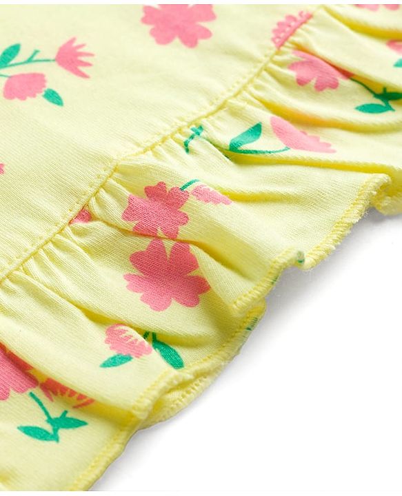 Babyhug Cotton Knit Half Sleeves Floral Printed Nighty - Yellow