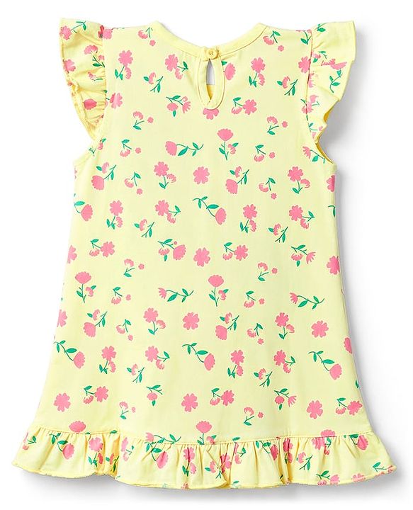 Babyhug Cotton Knit Half Sleeves Floral Printed Nighty - Yellow