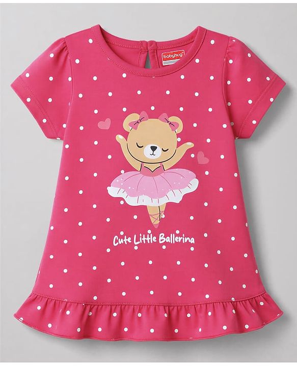 Babyhug 100% Cotton Knit Half Sleeves Nighty With Bear & Polka Dots Print - Pink