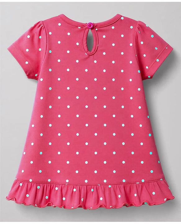Babyhug 100% Cotton Knit Half Sleeves Nighty With Bear & Polka Dots Print - Pink