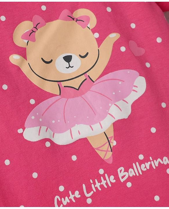 Babyhug 100% Cotton Knit Half Sleeves Nighty With Bear & Polka Dots Print - Pink