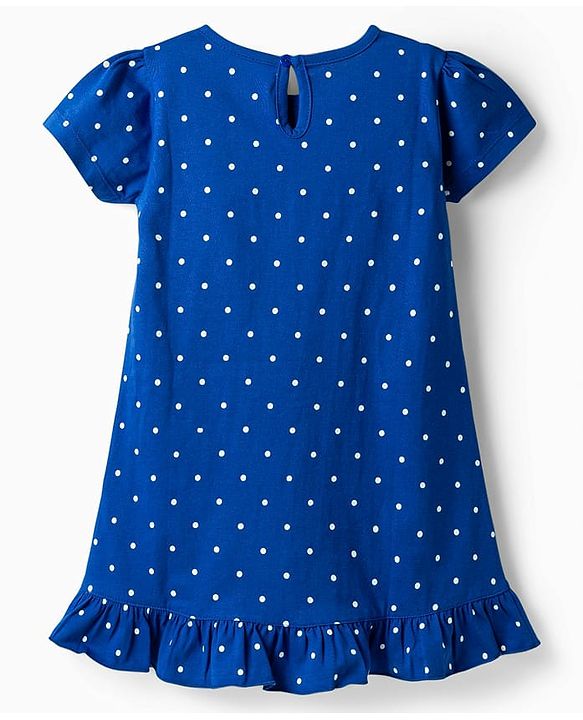 Babyhug Cotton Knit Half Sleeves Nighty With Bear & Polka Dots Print - Navy Blue