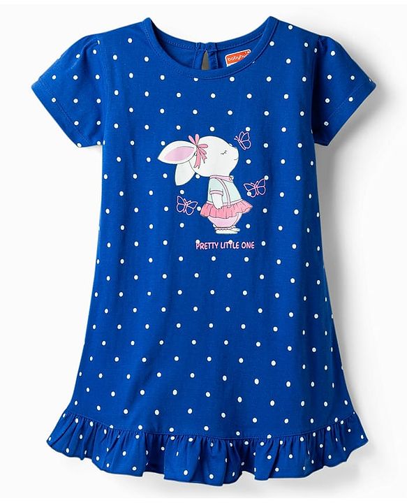Babyhug Cotton Knit Half Sleeves Nighty With Bear & Polka Dots Print - Navy Blue