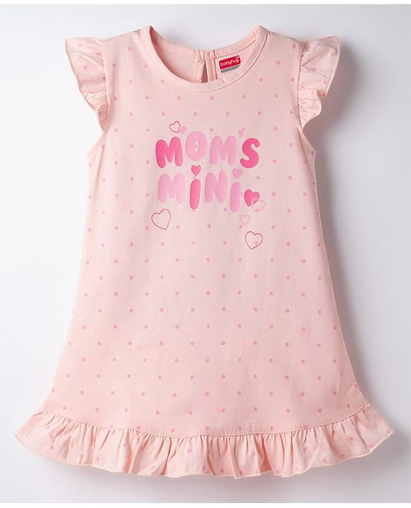 Babyhug Cotton Knit Half Sleeves Polka Dots & Hearts Printed Nighty - Peach