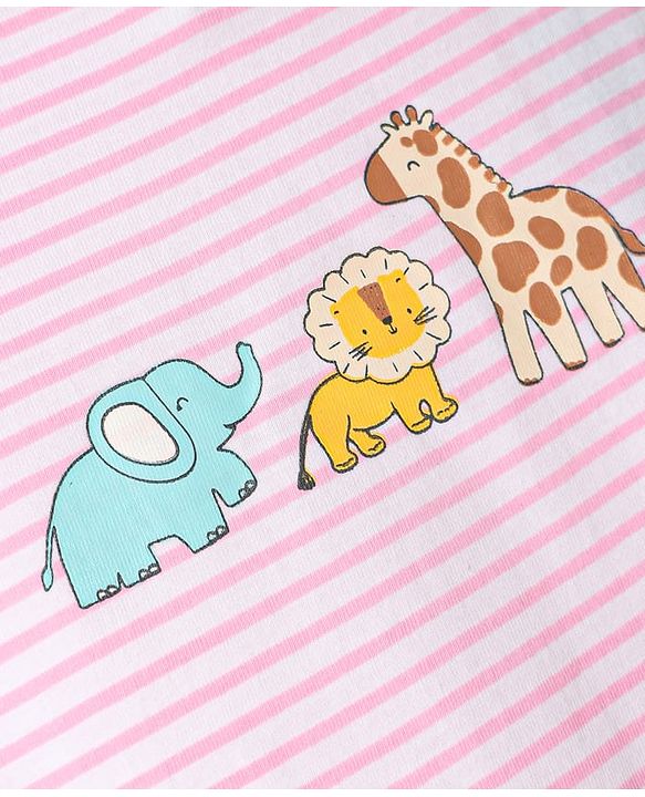 Babyhug Cotton Knit Half Sleeves Striped Nighty With Animal Print - Pink