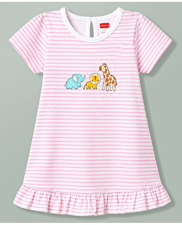 Babyhug Cotton Knit Half Sleeves Striped Nighty With Animal Print - Pink
