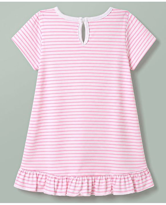 Babyhug Cotton Knit Half Sleeves Striped Nighty With Animal Print - Pink