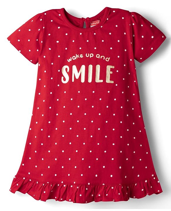 Babyhug Cotton Knit Half Sleeves Nighty with Polka Dot Print - Red