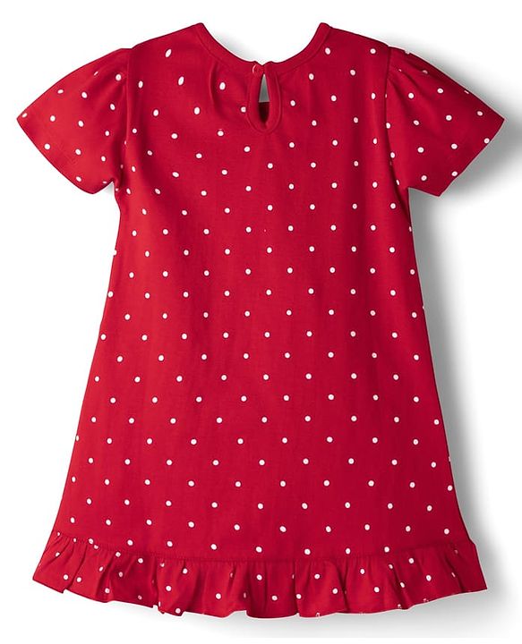 Babyhug Cotton Knit Half Sleeves Nighty with Polka Dot Print - Red