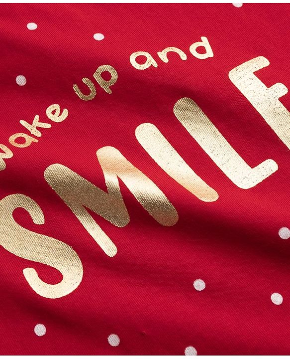 Babyhug Cotton Knit Half Sleeves Nighty with Polka Dot Print - Red