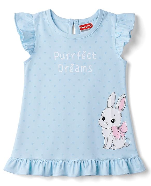 Babyhug Cotton Knit Half Sleeves Nighty with Bunny Print - Blue