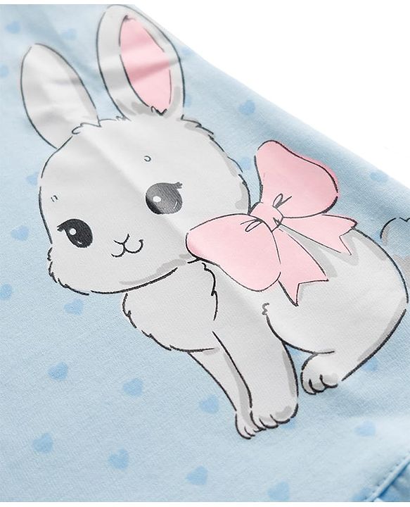 Babyhug Cotton Knit Half Sleeves Nighty with Bunny Print - Blue