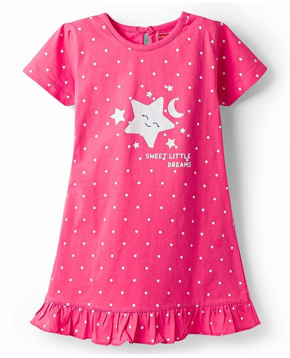 Babyhug Cotton Knit Half Sleeves Nighty With Star & Polka Dots Print - Pink