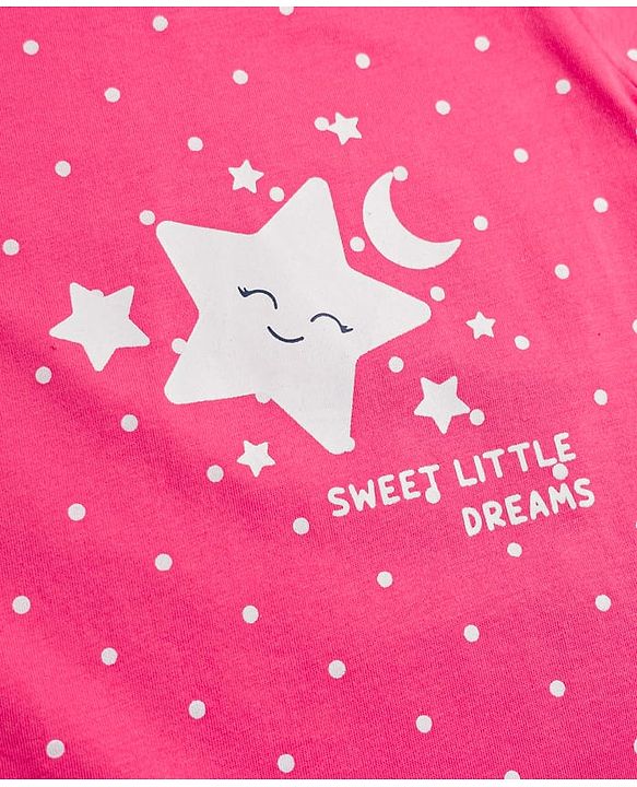 Babyhug Cotton Knit Half Sleeves Nighty With Star & Polka Dots Print - Pink