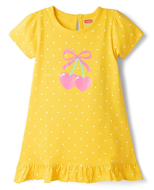 Babyhug Cotton Knit Half Sleeves Nighty With Polka Dot Print - Yellow