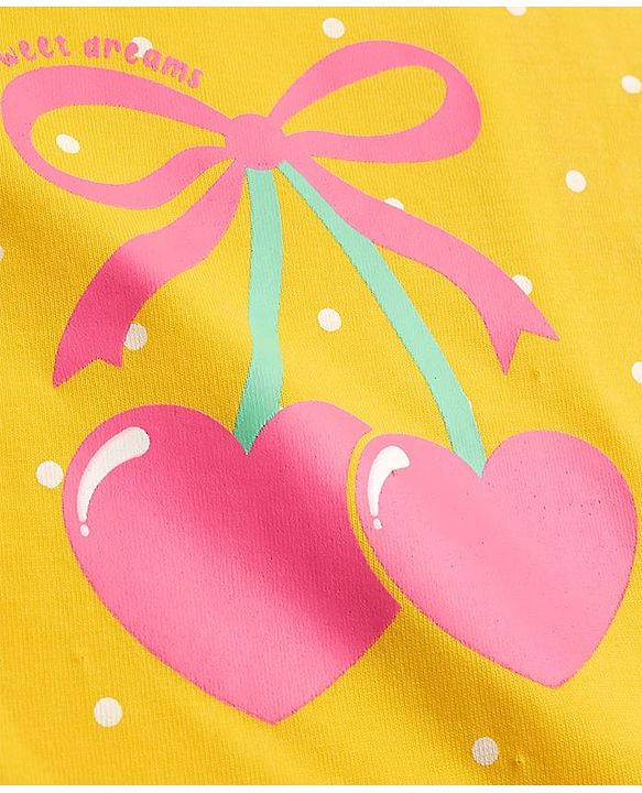 Babyhug Cotton Knit Half Sleeves Nighty With Polka Dot Print - Yellow